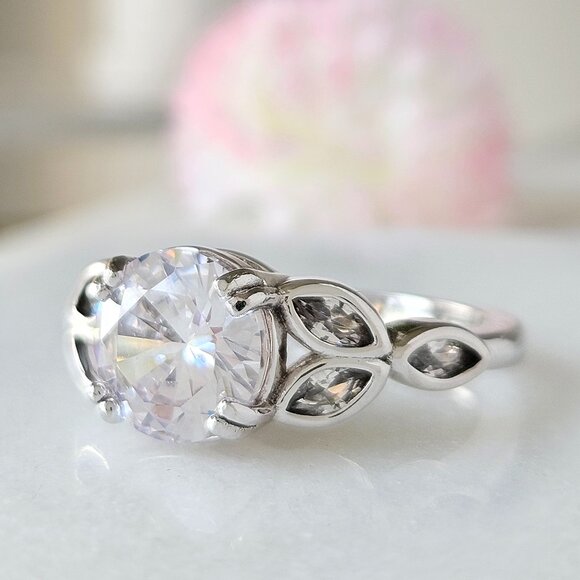 Classic Engagement Style Round Halo ring with leaf band,  925 Sterling Silver - Picture 1 of 6